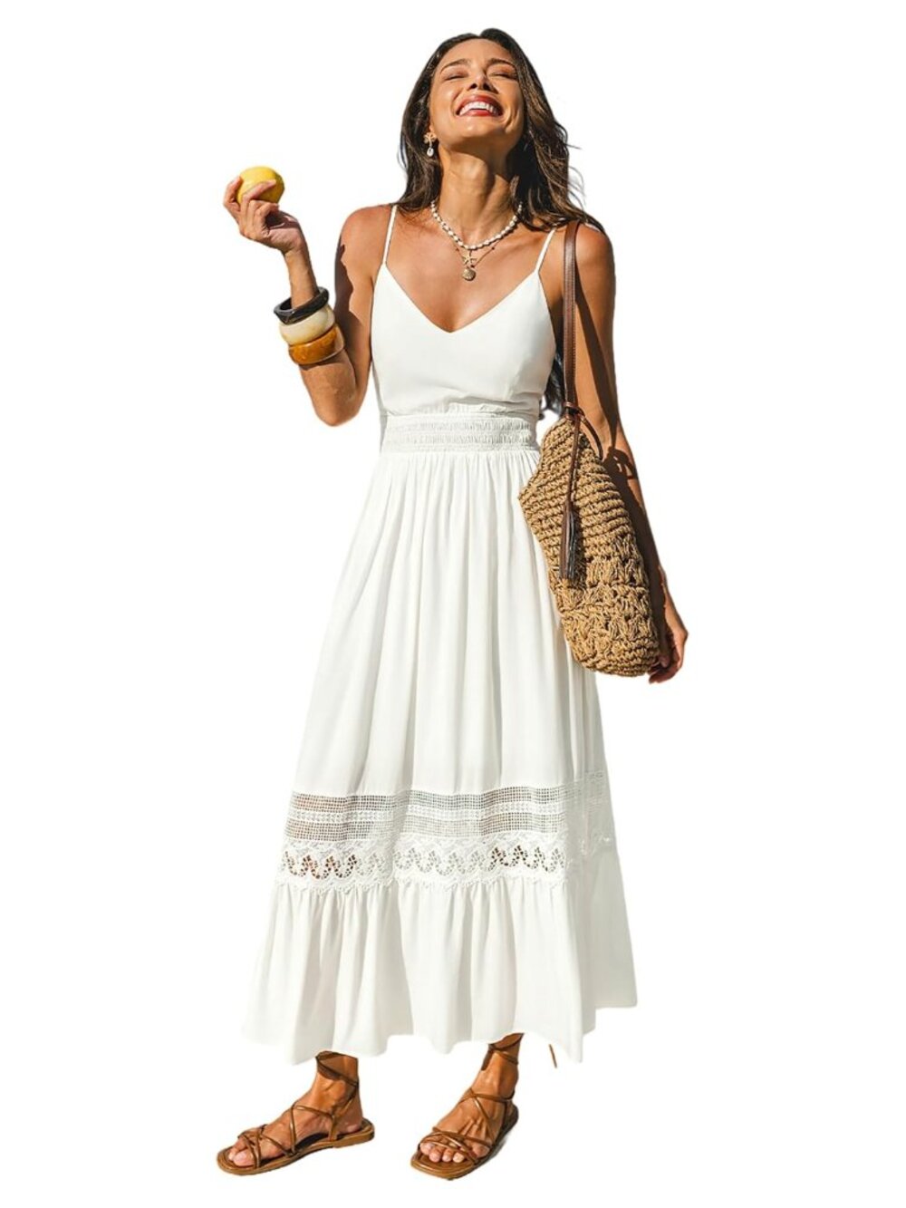 Women's V-Neck Maxi Dress Bohemian Lace Sleeveless Beach Vacation